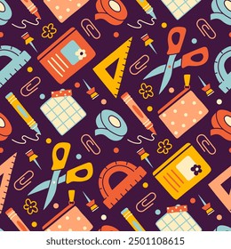 Colorful stationery seamless pattern featuring scissors, rulers, tape, and more on a dark background. Fun Playful Concept of school supplies. Created without the use of any artificial intelligence 