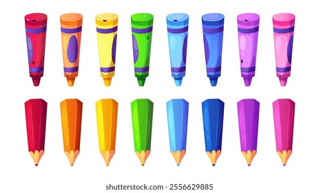 Colorful stationery set with crayons and pencils in rainbow colors. Educational drawing tools for preschool kindergarten art activities or elementary school supplies. Cute creative stationary.