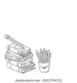 Colorful stationery and stack of books create a cheerful study corner filled with creativity and learning;