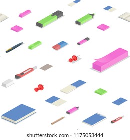 Colorful stationery supplies isometric seamless pattern. Colorful flat vector illustration. Isolated on white background.