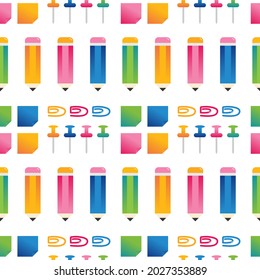 Colorful stationery vector seamless pattern background with pencils, notes, paperclips, pins for office and Back to School design.