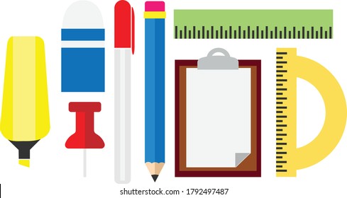Colorful Stationery/Office/School Supplies Set (Stabilo/Highlighter, Eraser, Pin, Pen, Pencil, Ruler, Clipboard, Paper) Flat Vector