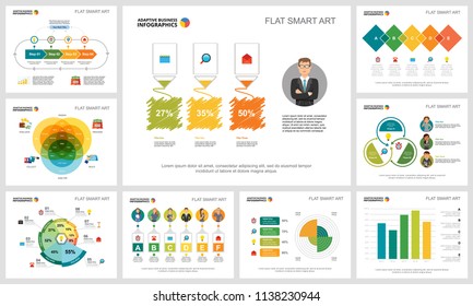 Colorful statistics or analysis concept infographic charts set. Business design elements for presentation slide templates. For corporate report, advertising, leaflet layout and poster design.