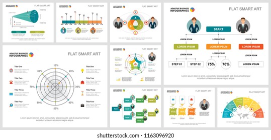 Colorful statistics or logistics concept infographic charts set. Business design elements for presentation slide templates. Can be used for financial report, workflow layout and brochure design.