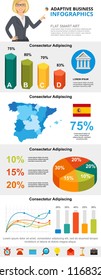 Colorful statistics or marketing infographic charts set. Business bar, pie and line charts for presentation slide templates. For corporate report, advertising, leaflet layout and poster design.