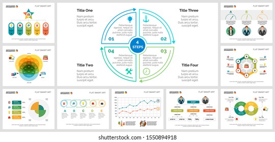 Colorful statistics or planning concept infographic charts set. Business design elements for presentation slide templates. For corporate report, advertising, leaflet layout and poster design.