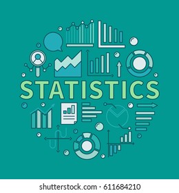 Colorful statistics round illustration - vector circular sign with word STATISTICS and chart, diagram icons on green background