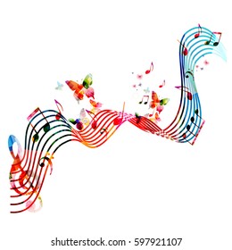 Colorful stave with music notes and butterflies isolated vector illustration. Music background for poster, brochure, banner, flyer, concert, music festival