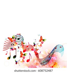 Colorful stave with music notes and butterflies isolated vector illustration. Music background for poster, brochure, banner, flyer, concert, music festival