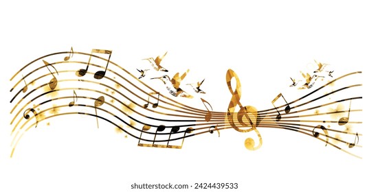 Colorful stave with music notes and hummingbirds isolated vector illustration. Music background for poster, brochure, banner, flyer, concert, music festival