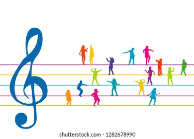 Colorful stave with sol clef and kids dancing instead of musical notes