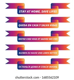 Colorful stay home save lifes ribbon icons set in spanish, english, french, russian, german 