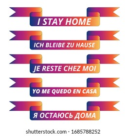 Colorful stay home save lifes ribbon icons set in spanish, english, french, russian, german 