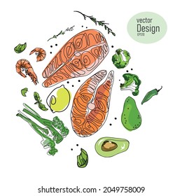 colorful steaks of red salmon fish, with vegetables, avocado shrimps and herbs isolated on white background, Healthy food drawn in line art style, vector illustration