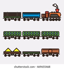 Colorful Steam locomotive with wagons on the railroad. Vector black line illustration