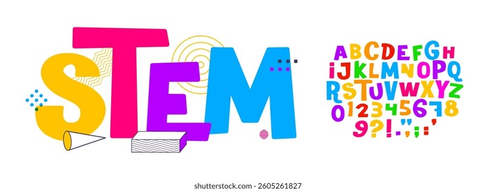 Colorful STEM education font with full letters and numbers set, bright playful alphabet for studying posters, kid learning materials, school banners. Vector typeset