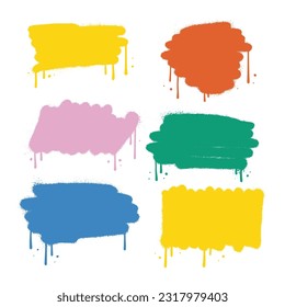 Colorful Stencil urban graffiti spray set isolated on white background. Vector sprayed paint shapes with smudges and drops. Grafitti template with splashes with flowing lines of paint.