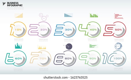  colorful  step  numbers 1-10,10%-100% and graph, modern design idea and concept vector illustration business  infographic template.