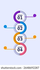 Colorful step-by-step infographic template with four circular steps connected vertically. Each step is numbered and labeled with vibrant colors, ideal for business processes, workflow presentations,
