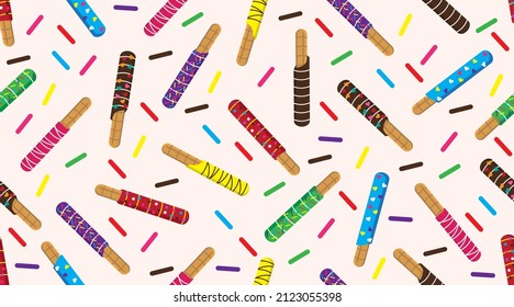 Colorful stick chocolate seamless pattern. Vector illustration of chocolate dipped cookie sticks on light brown background. 