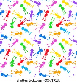Colorful stick figures pattern. Rainbow humans in cartoon silhouettes style. People endless background.