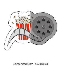 colorful sticker with cinematography movie tape and popcorn vector illustration