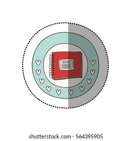 colorful sticker with circular border with hearts and red book spiral