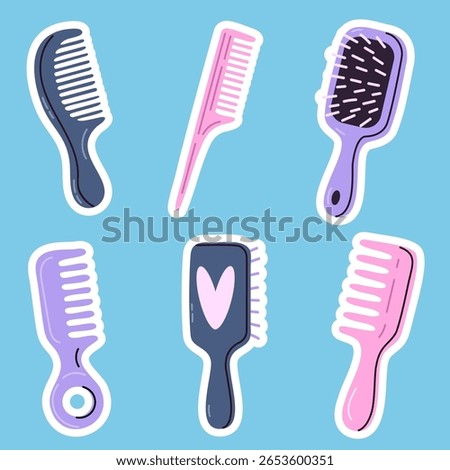Colorful sticker collection featuring combs and brushes on light blue background