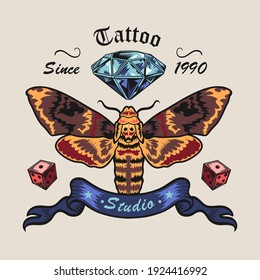 Colorful sticker with death moth. Retro design element with diamond, moth and bones vector illustration. Tattoo studio and custom design concept for tattoo, stamp, print template