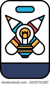 A colorful sticker with a light bulb and pencils on it. The sticker is blue, red, and yellow