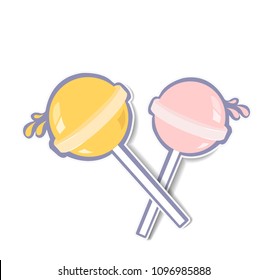 
Colorful sticker of lollipops isolated on white, in flat style. Background with candy, minimalism concept.