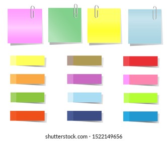 Colorful sticker memo notepads attached with metal paper clips. Isolated on white background. Vector Illustration. Idea for stationery business concept.