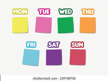 Colorful sticker notes on light grey board for weekly planning/reminder/schedule