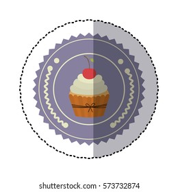 colorful sticker with olive crown and cupcake with cherry in round frame vector illustration