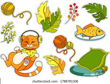 Colorful sticker pack with cute red cat in T-shirt, listening to the music in headphones, his cozy pillow, plate with fish, home plants and clew on white background.