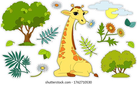 Colorful sticker pack with a giraffe, trees, flowers, sun isolated on white background. Cut and glue children games and decorations. Wild animals, mammals, herbivores preschool developmental activity.