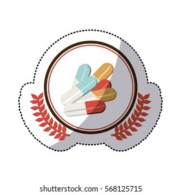 colorful sticker with pills in circle with olive branchs