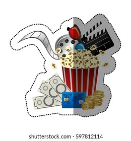 colorful sticker with popcorn cup with glasses 3D and clapper board and money and movie tickets in front vector illustration