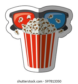 colorful sticker with popcorn cup and glasses 3D vector illustration