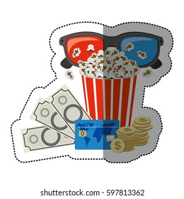 colorful sticker with popcorn cup and glasses 3D and money and movie tickets vector illustration