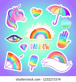 Colorful sticker set: candies, sweets, rainbow. Vector illustration. Stickers, pins, patches. Halloween pastel colors. Cute gothic style.