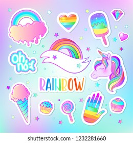 Colorful sticker set: candies, sweets, rainbow, . Vector illustration. Stickers, pins, patches. Halloween pastel colors. Cute gothic style.