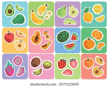 A colorful sticker set with hand-drawn fruits. Avocados, bananas, pears, lemons, apples, papayas, watermelons, oranges, dragon fruits, kiwis, strawberries, and peaches. Vibrant colors.