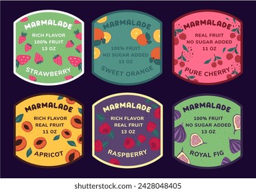 Colorful sticker set for marmalade package design. Sweet product advertising at tage collection, vector illustration. Fruit jelly dessert with flat berry, apricot, fig and orange