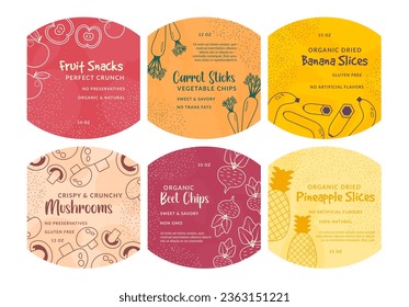Colorful sticker set for natural chips package. Fruit snacks, vegetable sticks and slices label design collection, vector illustration. Organic product tag with line food elements