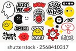 Colorful sticker set with phrases like 