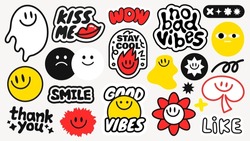 Colorful sticker set with phrases like 'stay cool', 'good vibes', 'no bad vibes' Features smiley faces, stars, and playful designs in red, black, and yellow Funky stickers, vector set