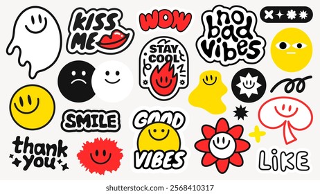 Colorful sticker set with phrases like 'stay cool', 'good vibes', 'no bad vibes' Features smiley faces, stars, and playful designs in red, black, and yellow Funky stickers, vector set