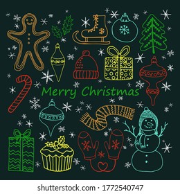 Colorful sticker set. Snowman, mittens, cupcake, Christmas tree, New Year's toys, cookie, hat, skates, gift, snowflakes, sweet cane. Concept Holidays. Hand drawn vector illustration in doodle style.