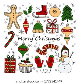 Colorful sticker set. Snowman, mittens, cupcake, Christmas tree, New Year's toys, cookie, hat, skates, gift, snowflakes, sweet cane. Concept Holidays. Hand drawn vector illustration in doodle style.
